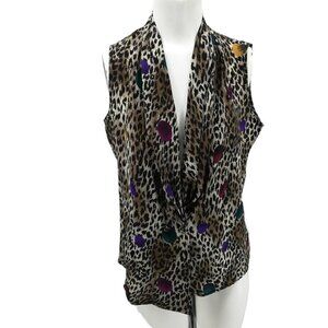 Vintage Bora Bora 100% Silk Leopard Wrap Blouse Vest Size M 90s Sleeveless Y2K